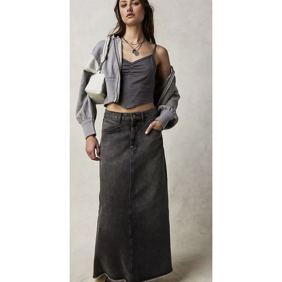 We The Free Dresses & Skirts - Free People Come As You Are Denim Maxi Skirt Raw Edge Hem Seam B lack Wash 0 NEW